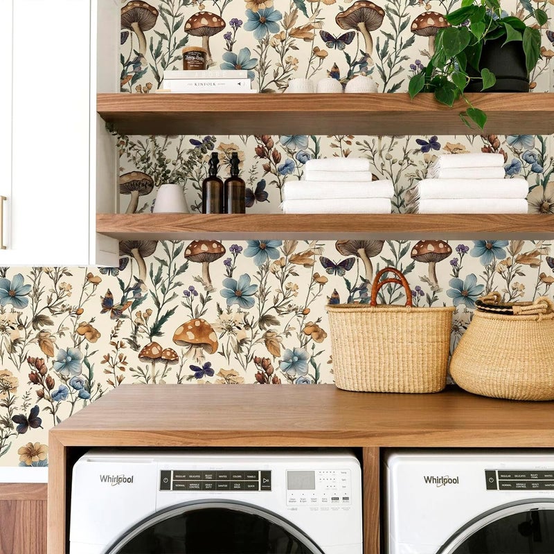 Froluya Mushroom Wallpaper Peel and Stick Vintage Floral Contact Paper 16.9" x 393.7" Boho Self Adhesive Removable Wallpaper Mushroom Forest Decorative Contact Paper for Bathroom Cabinets Vinyl - Image 3